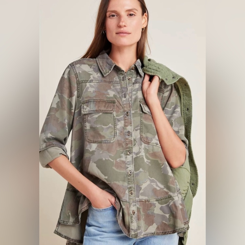 By Anthropologie Montana Camo Print Button Down Flounced Hem Top